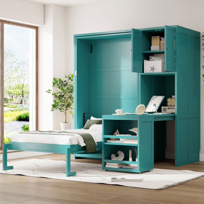 Twin Size Rotating Wall Murphy Bed with Bookshelf, Top Cabinet, Extendable Desk & Side Storage, Teal