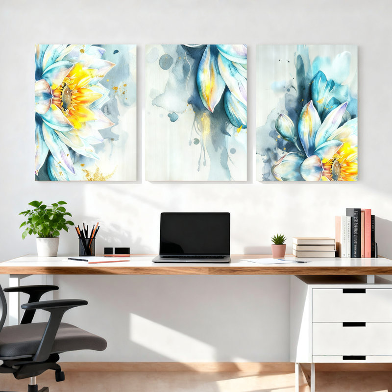 Peinture murale sur toile tendue à l'aquarelle, motif floral de lotus (paquet de 3), H 18 po x l 36 po