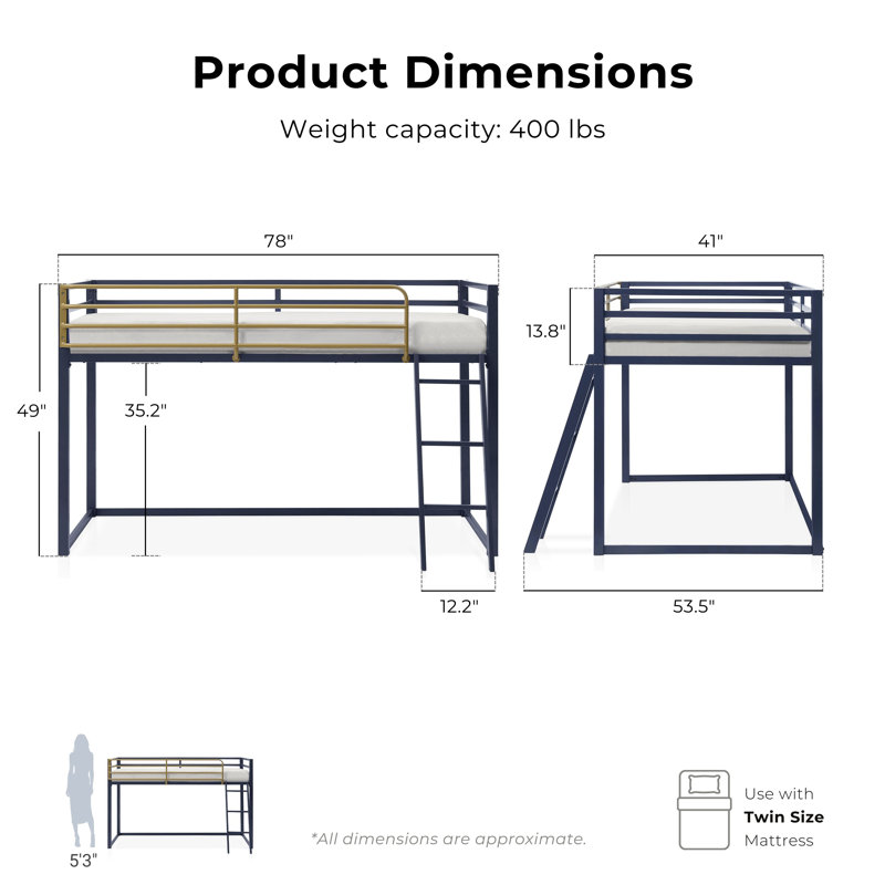 Audreena Twin Metal Platform Loft Bed, Navy Blue