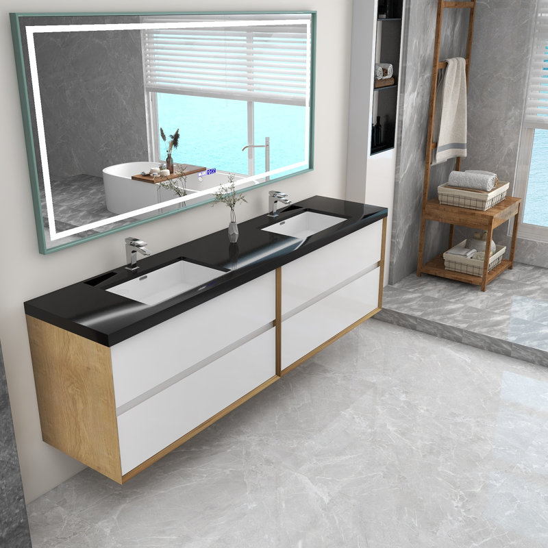 Ensemble de meuble-lavabo double mural 84 po Calarco Kody, Blanc brillant
