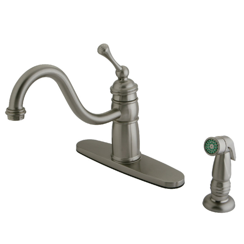 Victorian Mono Deck Mount Single Handle Kitchen Faucet with Side Spray, Brushed Nickel