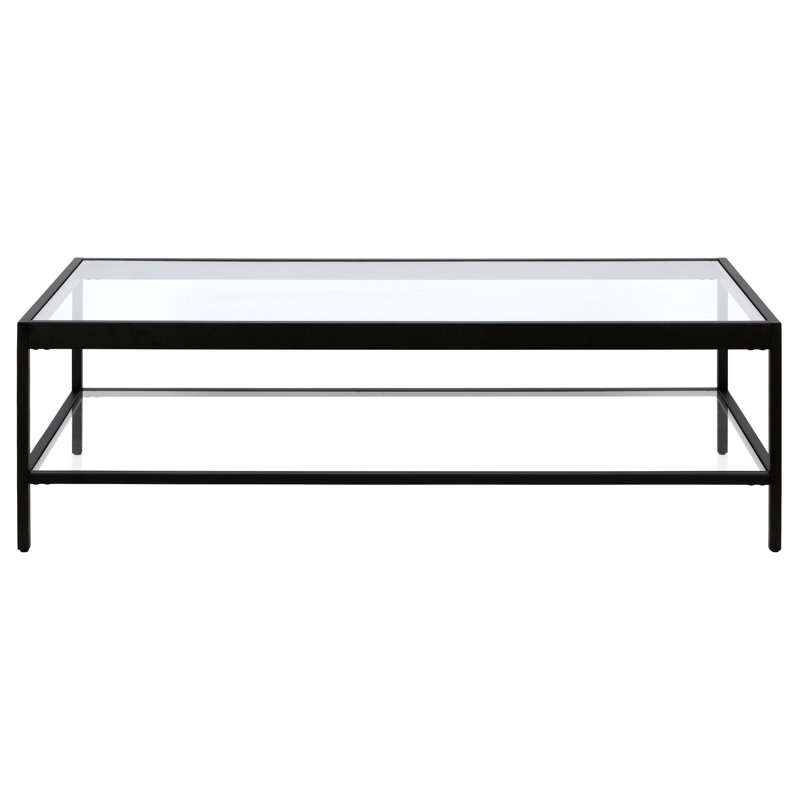54" Wide Glass Top Coffee Table with Open Lower Shelf — Blackened Bronze Modern Metal Center Table for Living Room | Cleo