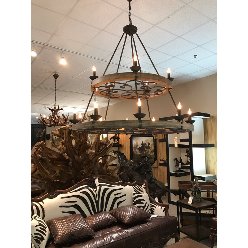 Ridgeline Rustic Wood and Metal Chandelier, 55" H x 53.5" W x 53.5" D
