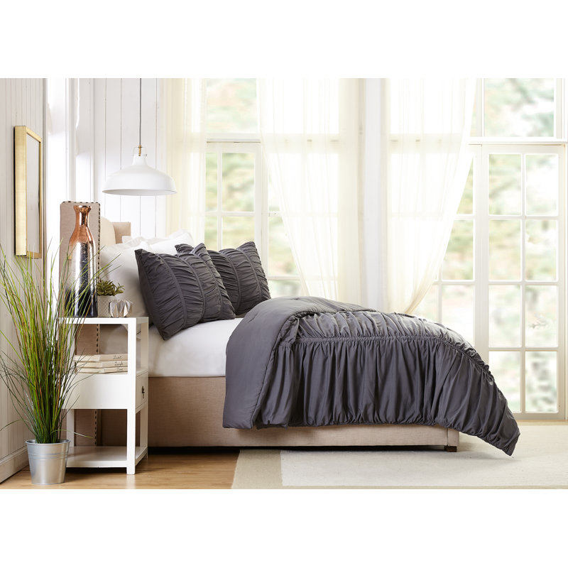 Emily Ruched Solid Textured Comforter Set, Dark Gray, Twin/Twin XL Comforter + 1 Standard Sham