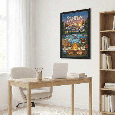 Camping Rules Vintage Style Canvas Wrapped Wall Art Oil Painting Print With Forest Campfire And Sunset Scene For Outdoor Adventure Decor