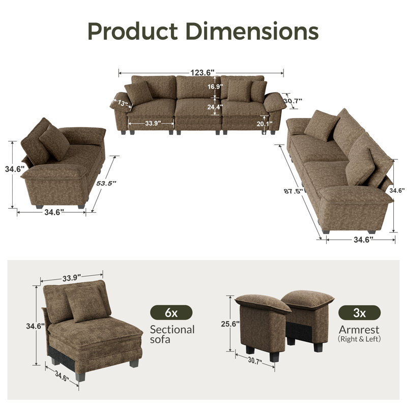 3-piece Upholstered Modular Sectional Sofa Sets, Oversized Couch Set With Sofa, Loveseat And Armchair, Brown Chenille