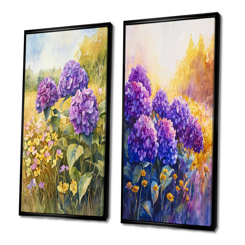 Hydrangeas In A Sunlit Field I - Floral Canvas Prints 2 Panels Collection, H 28 po x l 25 po, Cadre flottant noir