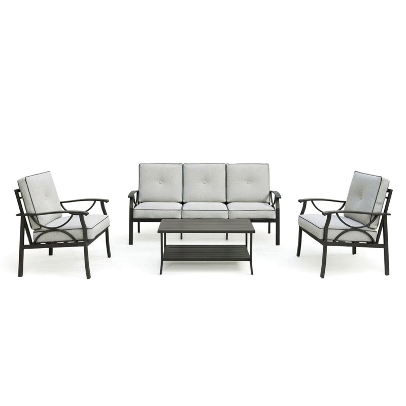 Ensemble de meubles de patio en métal 4 pièces, canapé de conversation toutes saisons à 5 places avec coussins gris épais de 4 pouces, structure noire, table basse pour jardin dans la cour arrière