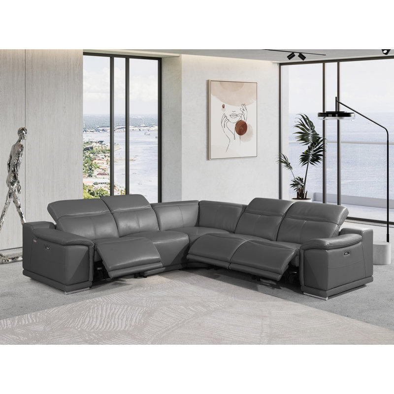 Crasia 5 Piece Top Grain Italian Leather Reclining Sectional, Gray Genuine Leather