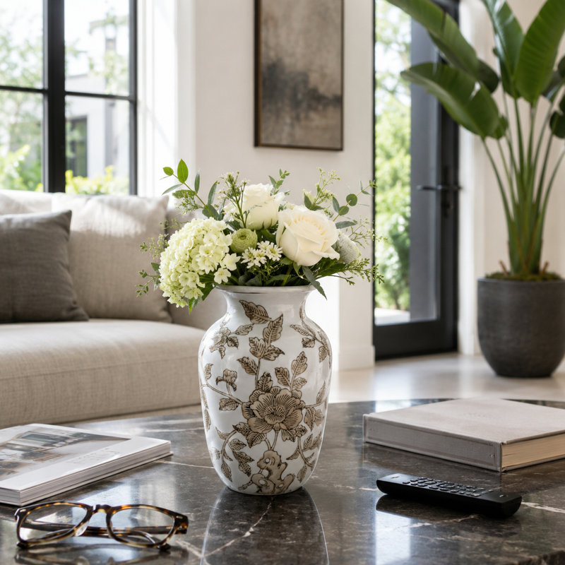 Vase traditionnel en céramique pour console - Vase à fleurs de style chinoiserie avec une silhouette haute et décorative - 25 cm
