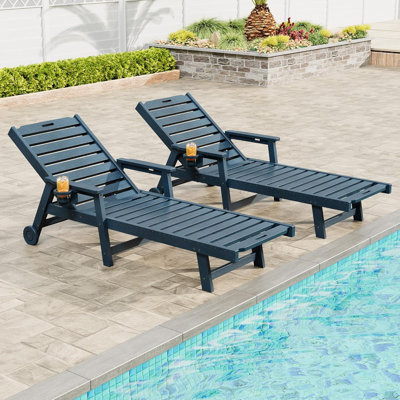 Méridienne d'extérieur surdimensionnée avec roues et dossier réglable à 5 positions, 2 méridiennes en PEHD avec porte-gobelet pour piscine de patio