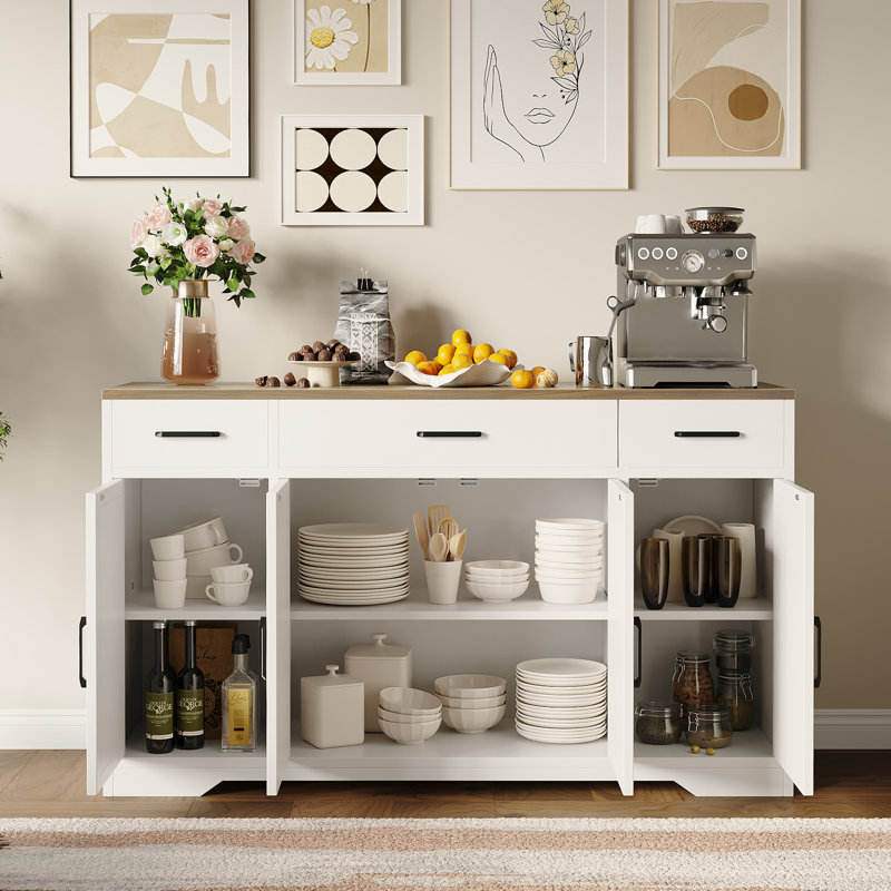 55" Buffet Cabinet with Drawers and Doors, Wood Sideboard Storage Cabinet with Shelves, Modern Farmhouse Coffee Bar for Kitchen, Dining Room & Living Room