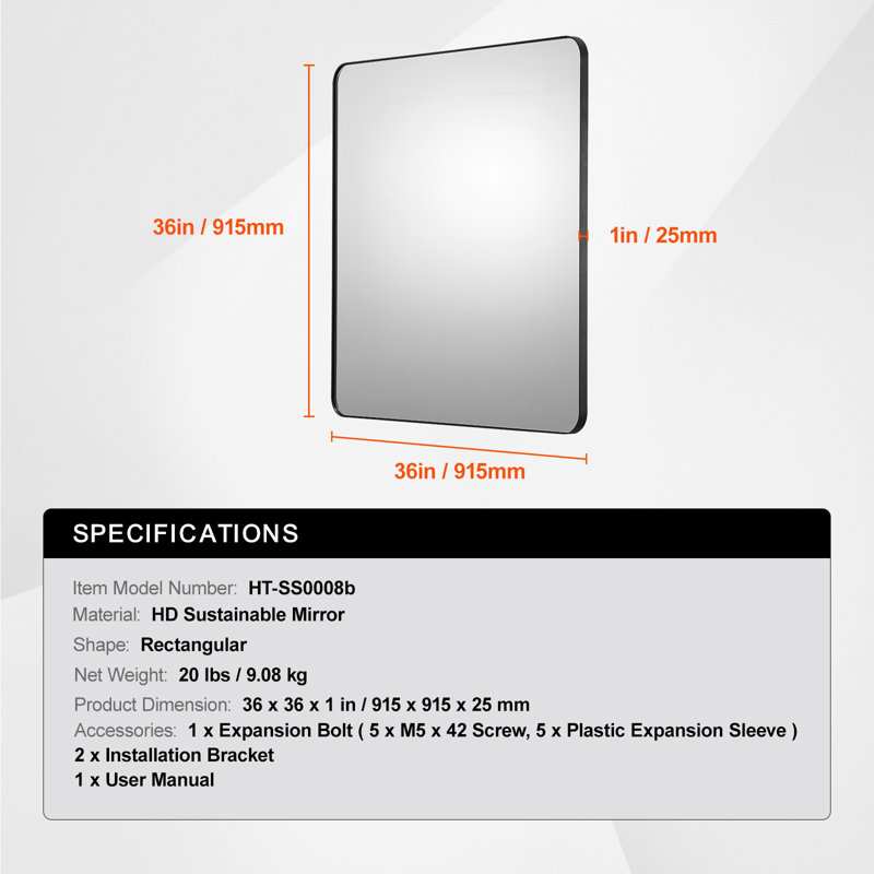 Square Wall Mounted Mirror 30" x 40" Mirror with Aluminium Alloy Frame, 36" x 36", Black, Square