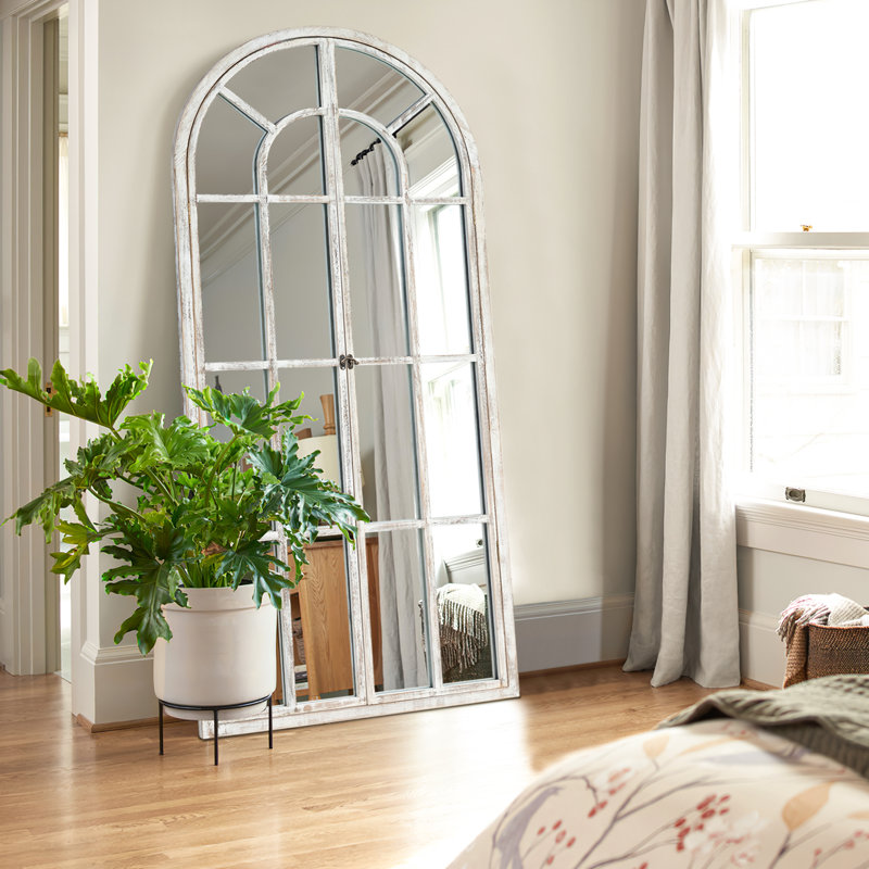 Apolinaras 71" H 31" W Arch Window Pane Wood Full Length Mirror, Weathered White, 1