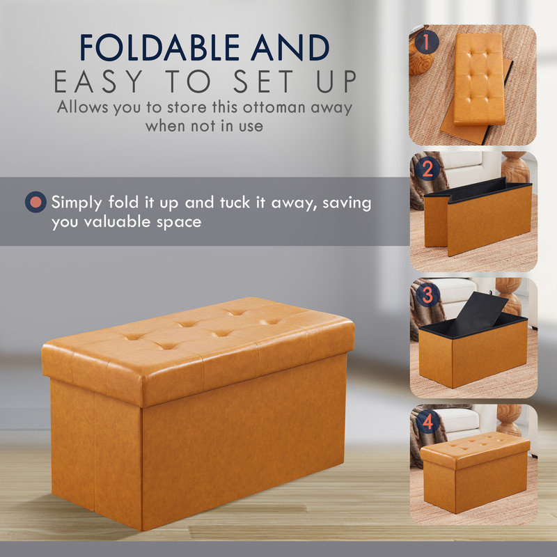 Cognac Faux Leather Tufted Foldable Storage Ottoman Bench