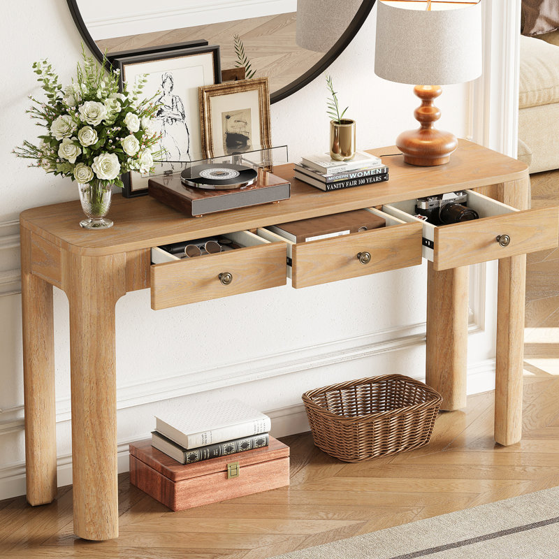 Table d'entrée en chêne avec coins arrondis et 3 tiroirs dissimulés, grain de bois naturel, esthétique rétro