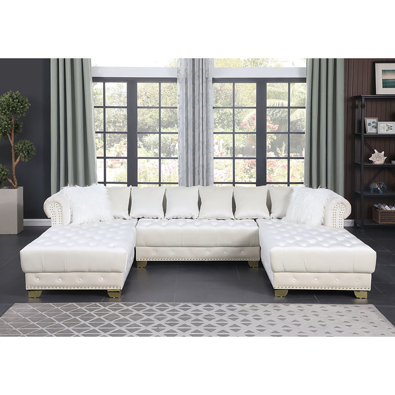 Florestan Velvet U-Shaped Sectional Symmetrical, Cream Velvet, Gold