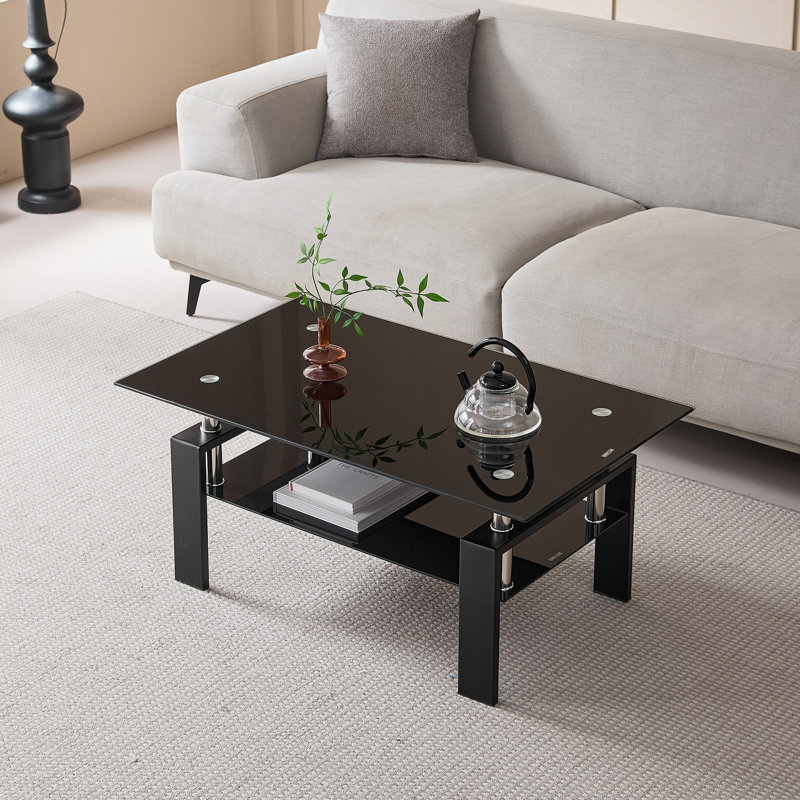Rectangular Coffee Table With Glass Table Topand Shelf, Black