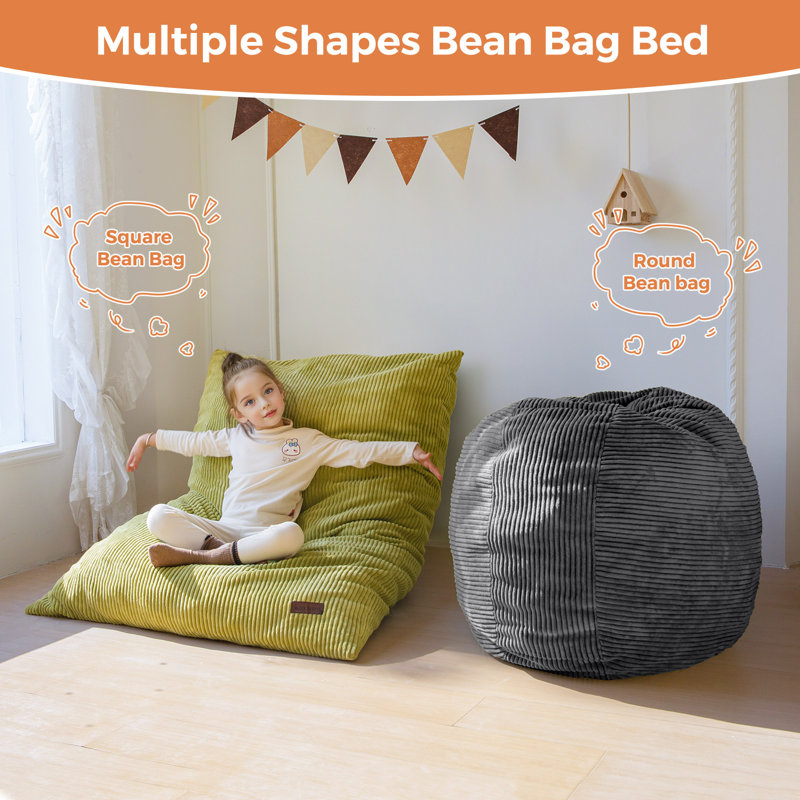 Fauteuil à billes convertible pour enfants, Velours côtelé vert