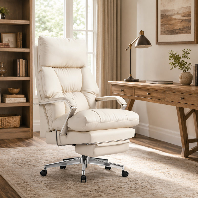 Fauteuil de bureau inclinable moderne avec repose-pieds et siège réglable, Crème, crème