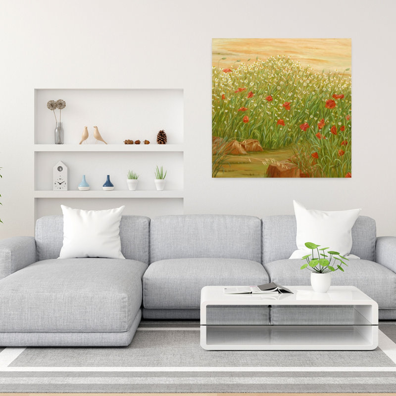 Été coquelicots champ de marguerites rustique abstrait contemporain fleur de coquelicot, H 36 po x l 36 po