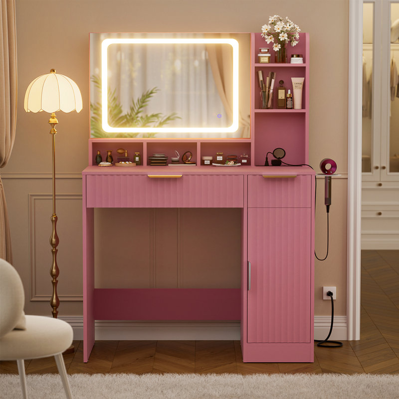  Makeup Vanity Desk With Mirror, Lights And Charging Station, Pink
