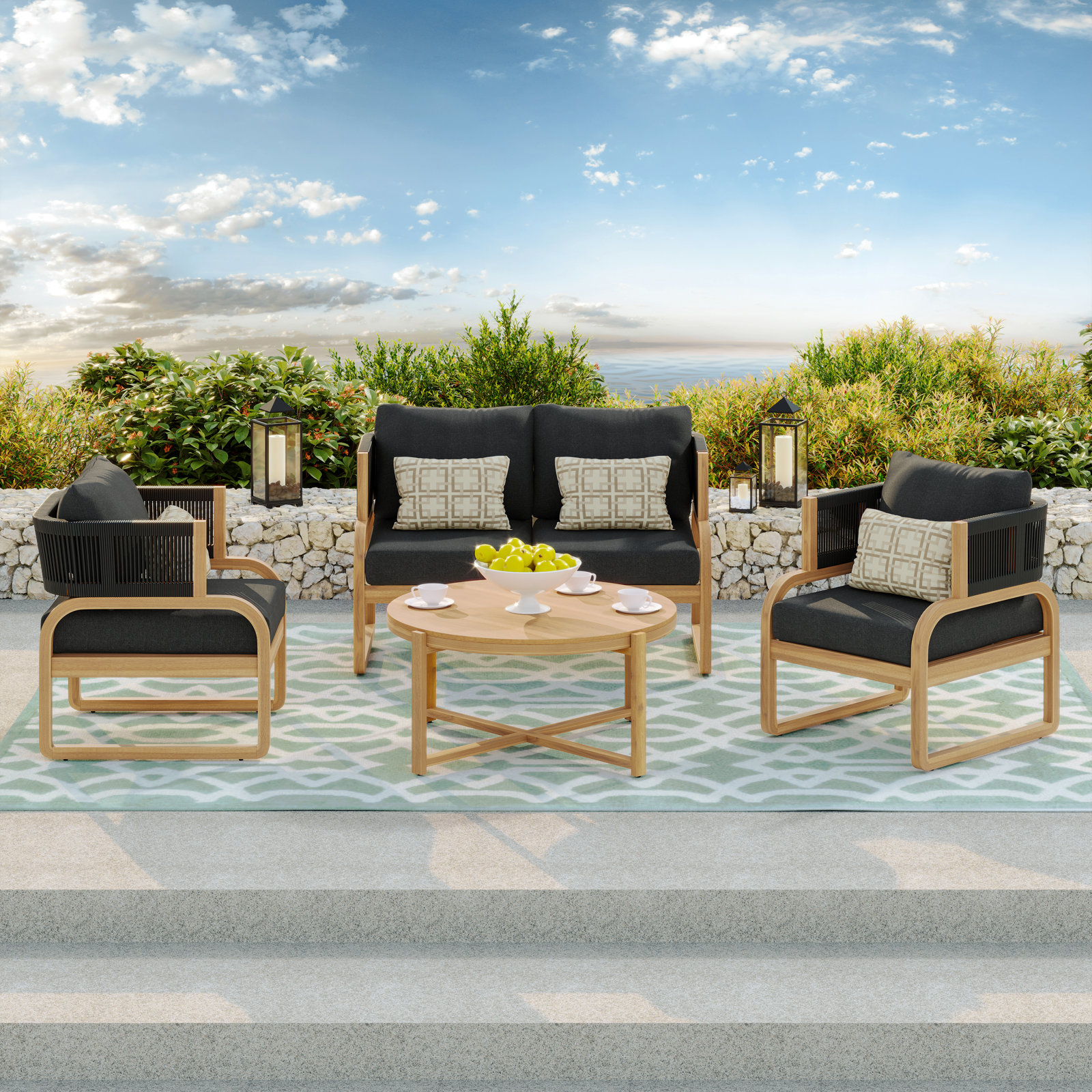 4 - Person Outdoor Seating Group with Sunbrella Cushions, Brown Frame/Spectrum Carbon Sunbrella Cushion