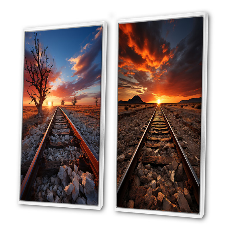 Chemin de fer au coucher du soleil - train, ensemble de 2 décorations murales, H 40 po x l 41 po, Cadre flottant blanc