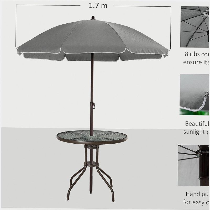 Ensemble de salle à manger de patio pour 4 personnes avec parasol, table d'extérieur et 4 chaises pliantes et table ronde en verre Outsunny pour le jardin, la cour et la piscine, gris