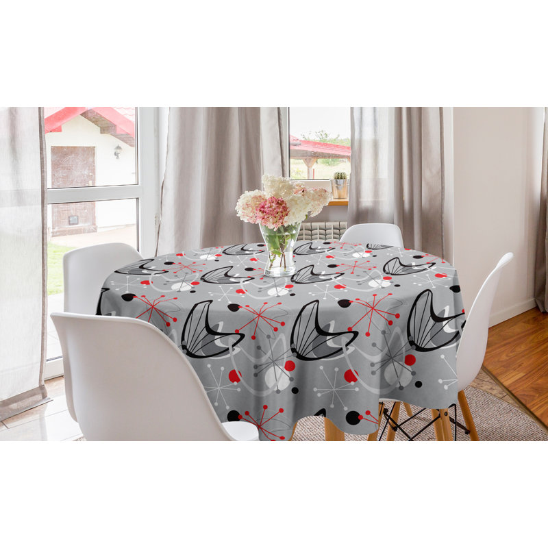 Mid Century Round Tablecloth, Scientific Inspirations In Fifties Art Design With Abstract Shapes, Circle Table Cloth Cover For Dining Room Kitchen Decoration, 60", Black Grey
