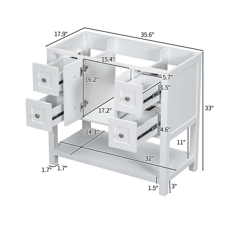 Base de meuble-lavabo avec 4 tiroirs et portes à fermeture douce (sans lavabo), Blanc