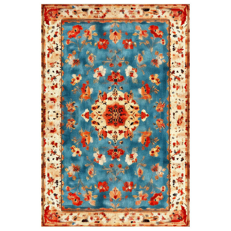 Azure Dreams Collection Digital Print Cotton-Polyester Blend Rug – Teal & Red, Runner 2'8" x 6'7"