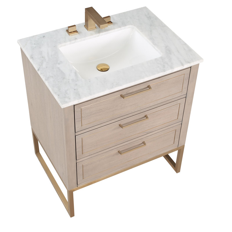Markham 30 in. Single Vanity, Carrara Marble, Cashmere Gray, Satin Brass