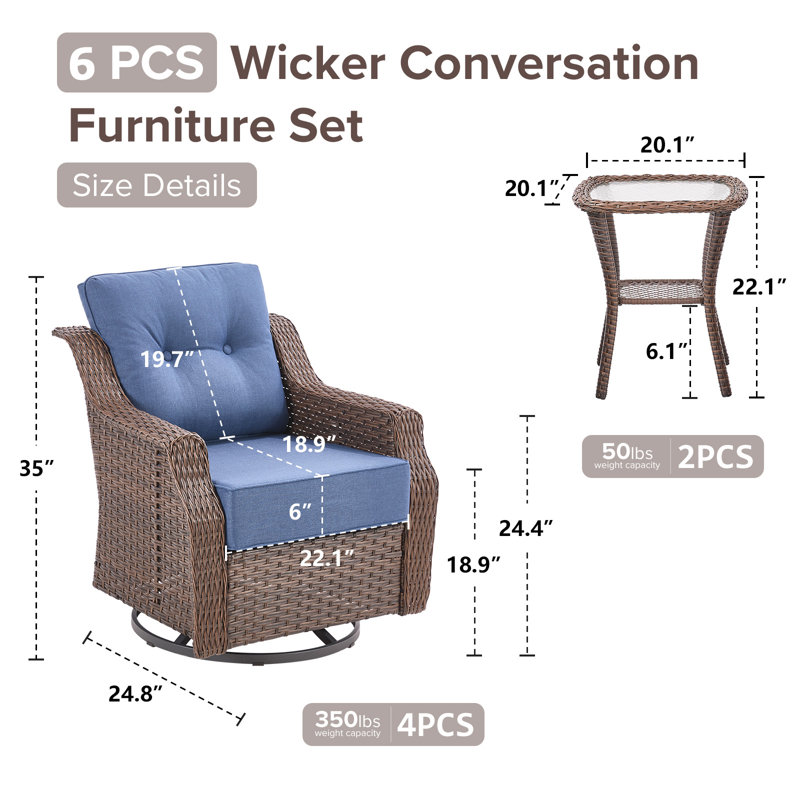 Ensemble de chaises de patio pivotantes en osier 6 pièces Sami, coussins épais de 6 pouces, Blue