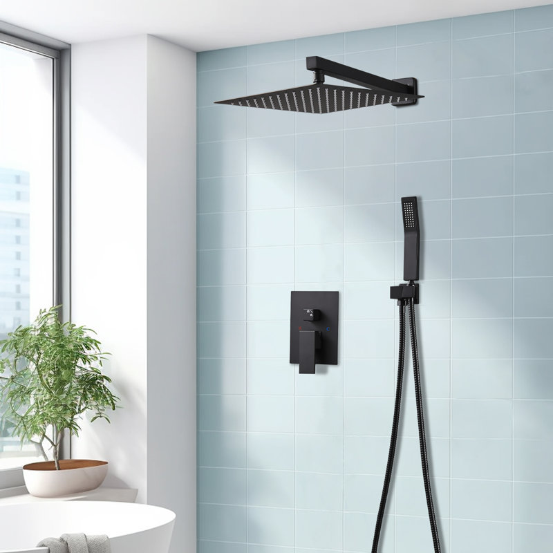Système de douche complet avec pomme de douche 12 "et valve brute, Noir, noir, noir, noir