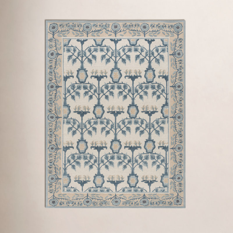 Louella Hand-Tufted Ivory/Blue Floral Wool/Cotton/Viscose Rug, Rectangle 8' x 10'