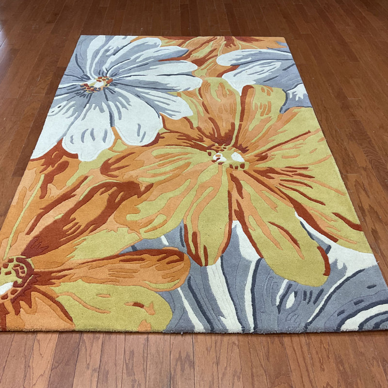 Tapis gris / orange en laine touffeté à la main, Rectangle 5 pi x 8 pi