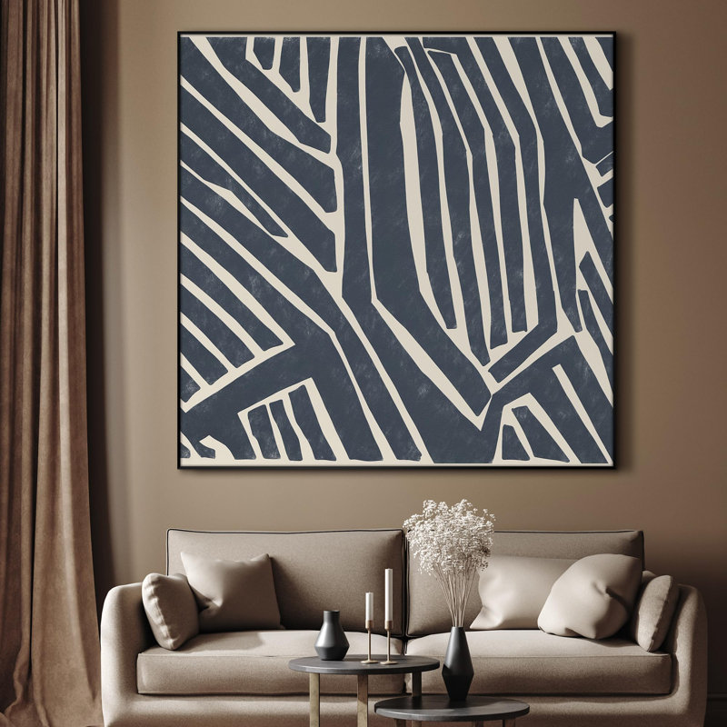 Art mural encadré, motif de labyrinthe géométrique bleu marine, illustration abstraite de style tribal audacieux pour la maison, le salon, la chambre à coucher (assemblage requis)