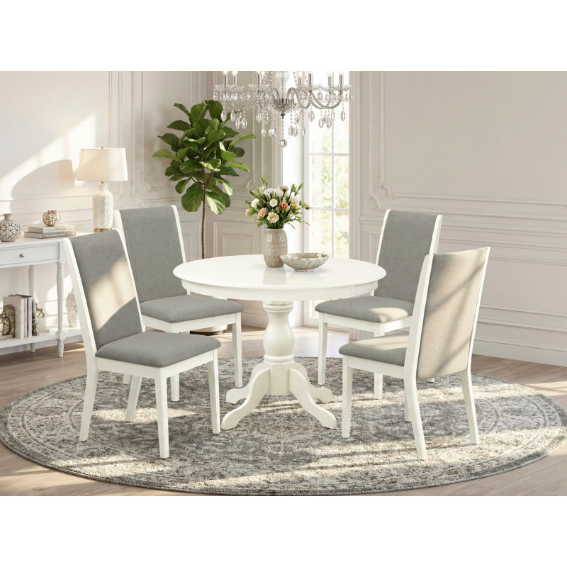 Ensemble de table de salle à manger 5 pièces comprenant une table de cuisine ronde avec piédestal et 4 chaises de salle à manger Parsons en tissu Shitake, lin blanc