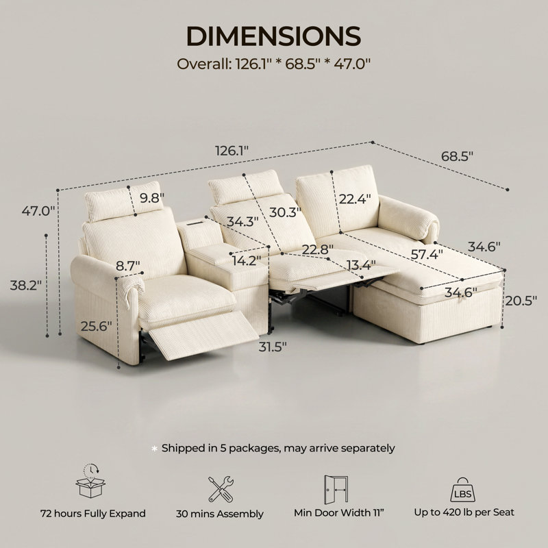 Canapé d'angle 4 places moderne, modulable et inclinable électrique, avec console et pouf de rangement, en tissu velours côtelé blanc.