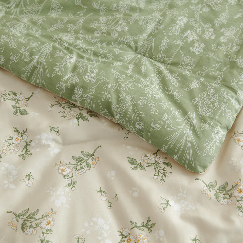 Nayoroom 3 Pieces Beige Green Floral Reversible Comforter Set Aesthetic Cottagecore Style Green Leaf Soft And Lightweight Bedding Set