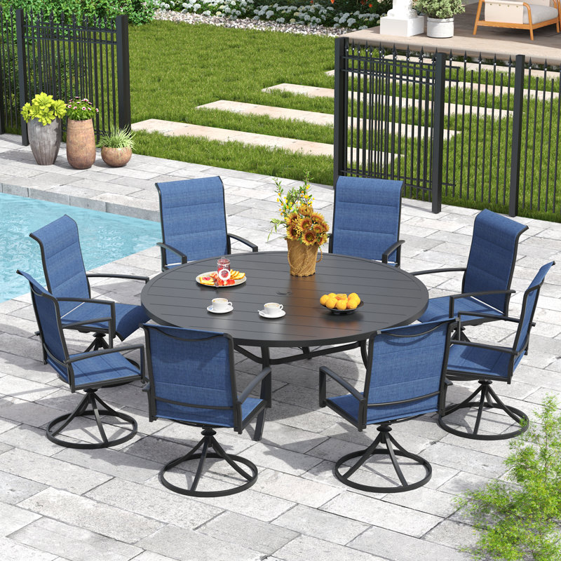 Ensemble repas 60 po pour 8 personnes avec chaises pivotantes, Noir / Bleu
