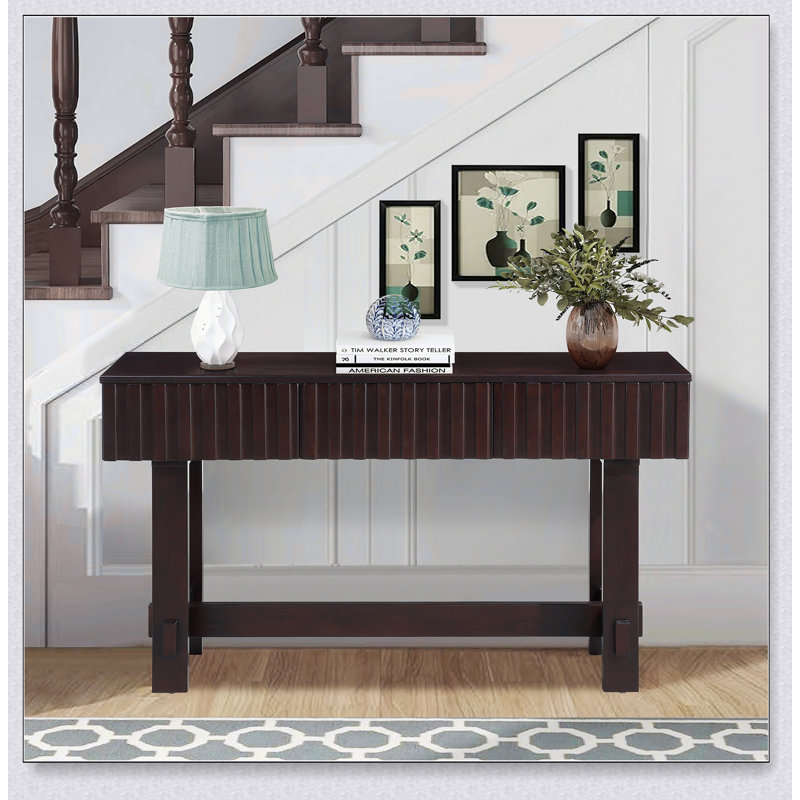 52 Inch Mid Century Farmhouse Fluted Console Table With Storage, Solid Wood Legs For Entryway, Living Room, And Hallway