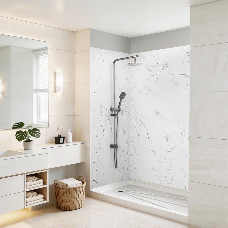 Ensemble de 3 panneaux muraux de douche 60 po x P 36 po x H 80 po, acrylique collé avec 4 garnitures, panneaux muraux imperméables et réglables pour douche à l'italienne, blanc marbre