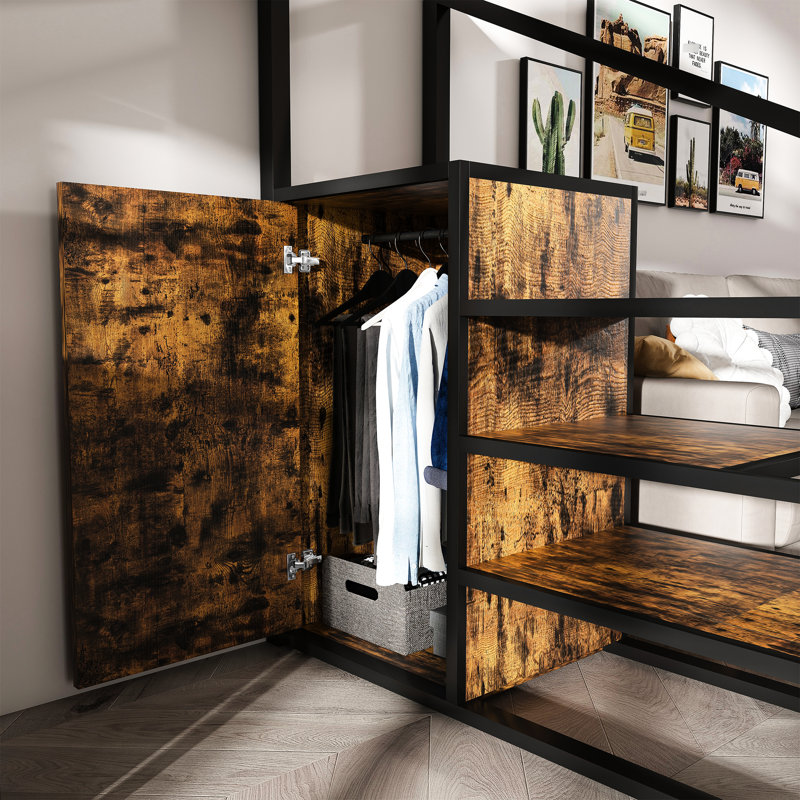 Lit mezzanine peu encombrant avec station de charge intégrée, rangement pour escalier et tablettes ouvertes, bureau noir, garde-robe, structure en métal renforcé, pour les chambres compactes,