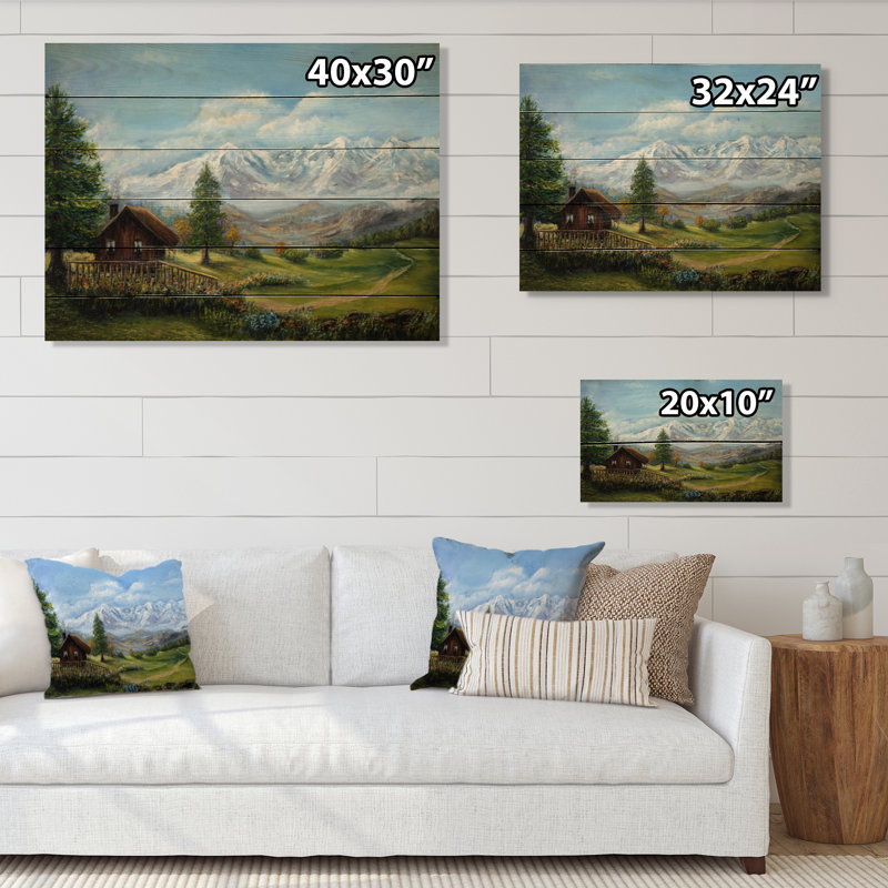 Paysage de chalet de montagne - impression sans cadre sur bois, H 30 po x l 40 po x P 1 po