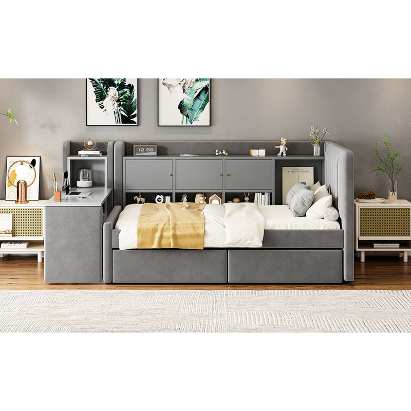 Gray Twin Size Daybed Upholstered In Velvet, With Drawers, Shelves, Flip Cabinets & Side Table - Functional Compact Apartments Shelving, And A Practical Furniture For Small Inviting Living Spaces