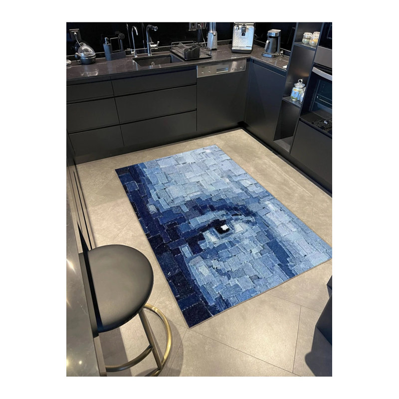 Blue Themed Abstract Eye Patterned Creative Modern Decorative Carpet, Round 3'4"