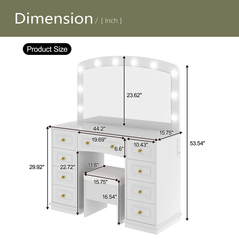 Meuble-lavabo luxueux avec 10 ampoules Hollywood, 3 modes d'éclairage couleur, une coiffeuse classique avec tabouret rembourré et 9 tiroirs de rangement pour la chambre à coucher