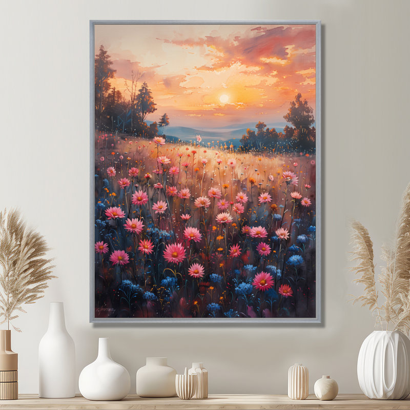  «Blue Blue Cornflowers Summer Sunset - Décoration murale bleuets, Toile avec cadre flottant or, H 44 po x l 34 po x P 1,5 po
